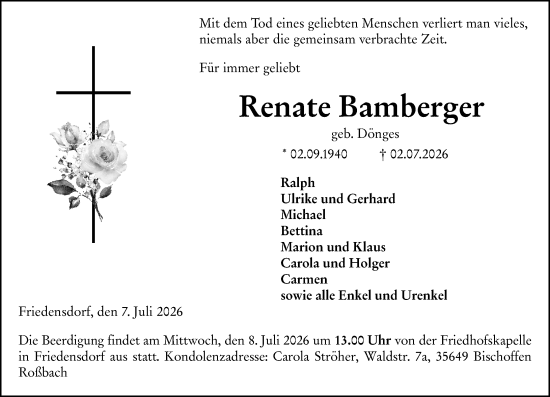 Traueranzeige von Renate Bamberger von Hinterländer Anzeiger