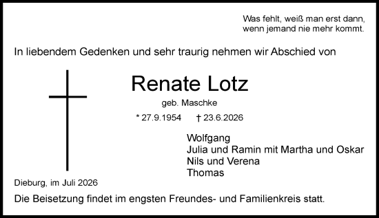 Traueranzeige von Renate Lotz von Dieburger Anzeiger/Groß-Zimmerner Lokal-Anzeiger