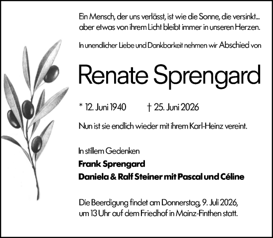 Traueranzeige von Renate Sprengard von Allgemeine Zeitung Rheinhessen-Nahe