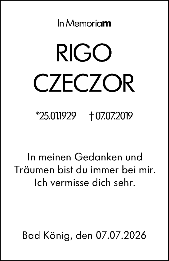 Traueranzeige von Rigo Czeczor von Odenwälder Echo