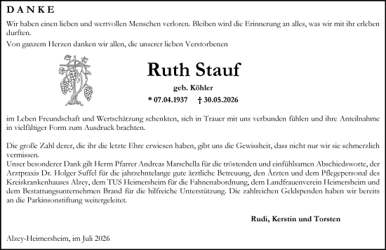 Traueranzeige von Ruth Stauf von Allgemeine Zeitung Alzey