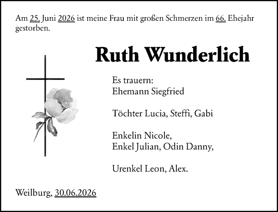 Traueranzeige von Ruth Wunderlich von Weilburger Tageblatt