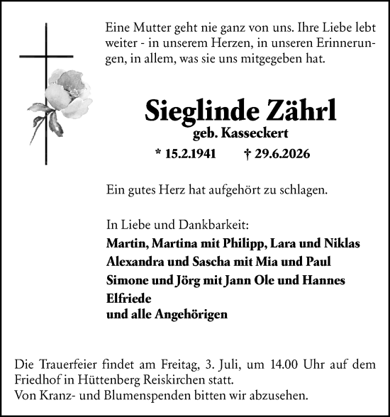 Traueranzeige von Sieglinde Zährl von Wetzlarer Neue Zeitung