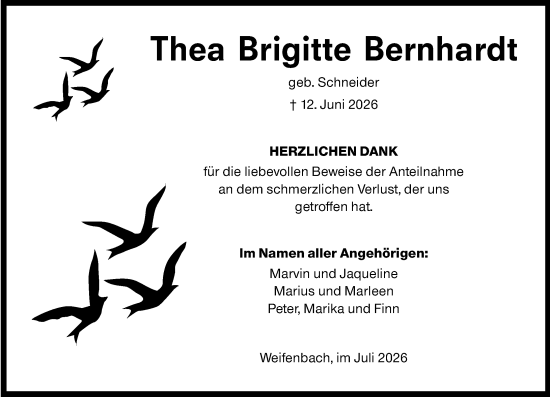 Traueranzeige von Thea Brigitte Bernhardt von Hinterländer Anzeiger