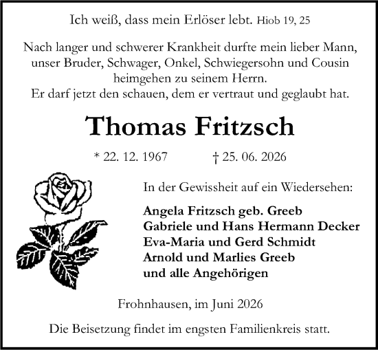 Traueranzeige von Thomas Fritzsch von Dill Block