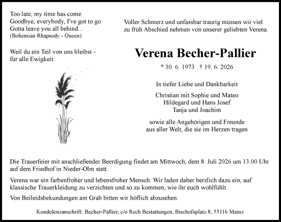 Traueranzeige von Verena Becher-Pallier von Allgemeine Zeitung Mainz