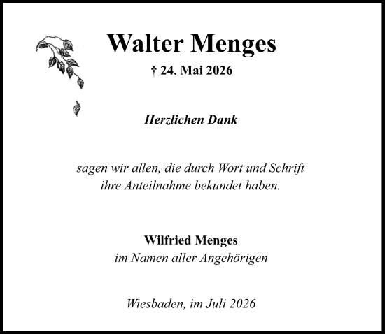 Traueranzeige von Walter Menges von Wiesbadener Kurier