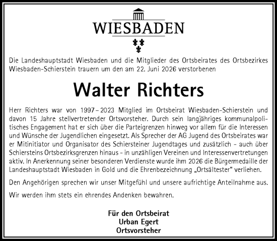 Traueranzeige von Walter Richters von Wiesbadener Kurier