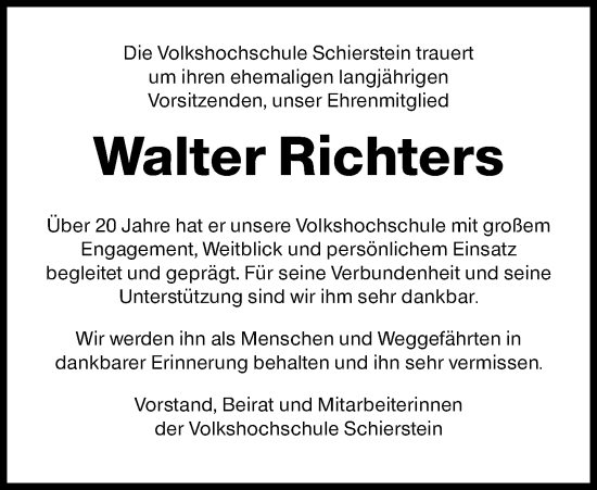 Traueranzeige von Walter Richters von Wiesbadener Kurier
