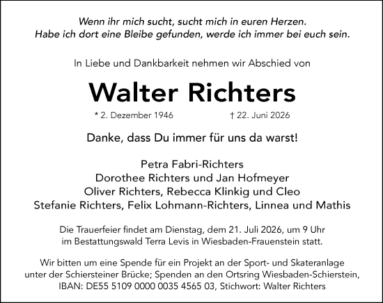 Traueranzeige von Walter Richters von Wiesbadener Kurier