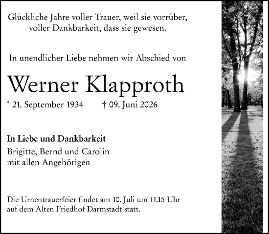 Traueranzeige von Werner Klapproth von Darmstädter Echo