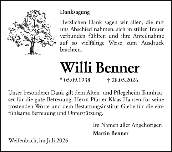 Traueranzeige von Willi Benner von Hinterländer Anzeiger