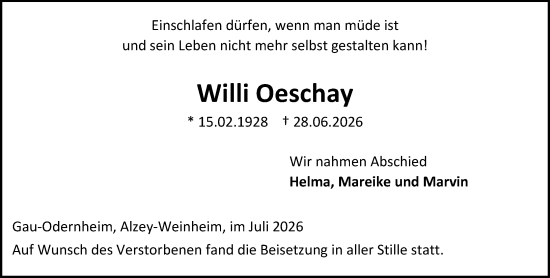 Traueranzeige von Willi Oeschay von Allgemeine Zeitung Alzey