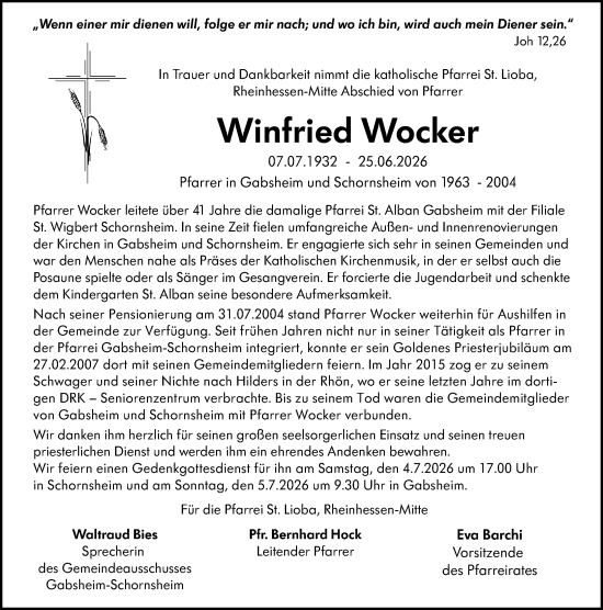 Traueranzeige von Winfried Wocker von Allgemeine Zeitung Alzey