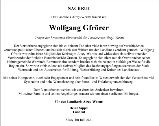 Traueranzeige von Wolfgang Gfrörer von Allgemeine Zeitung Alzey
