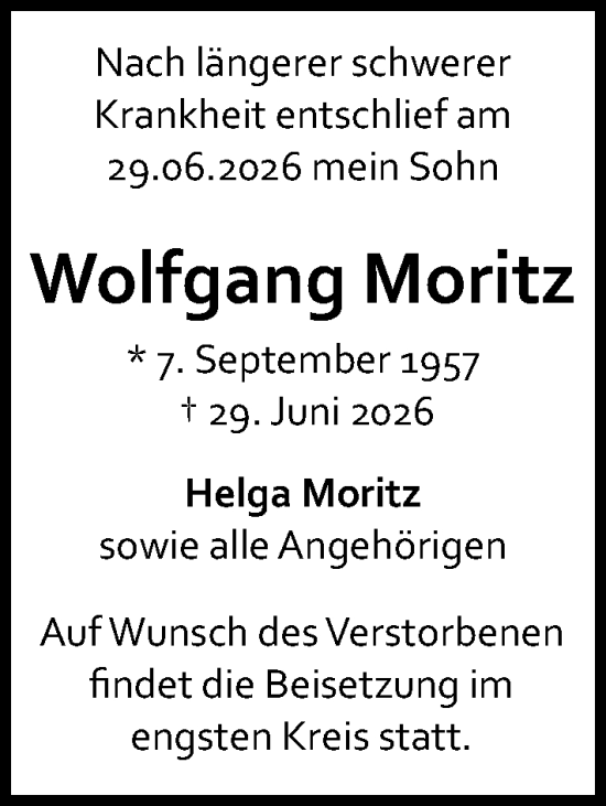 Traueranzeige von Wolfgang Moritz von Allgemeine Zeitung Mainz