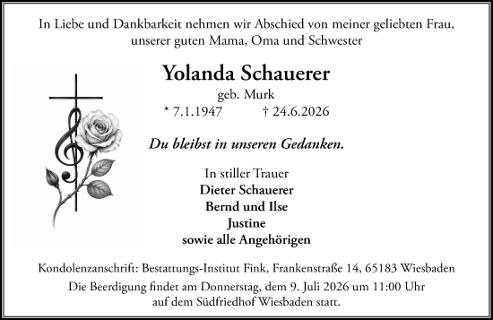 Traueranzeige von Yolanda Schauerer von Wiesbadener Kurier