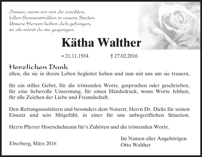  Traueranzeige für Kätha Walther vom 22.09.2017 aus 