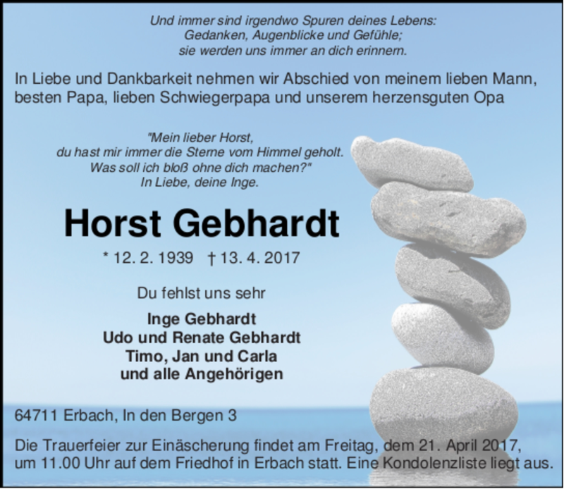  Traueranzeige für Horst Gebhardt vom 19.04.2017 aus Trauerportal Echo Online