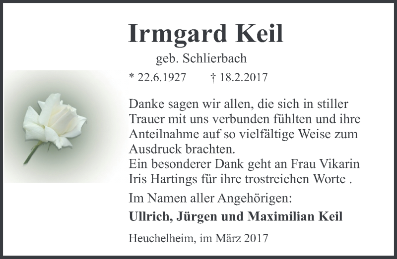  Traueranzeige für Irmgard Keil vom 11.03.2017 aus Gießener Anzeiger