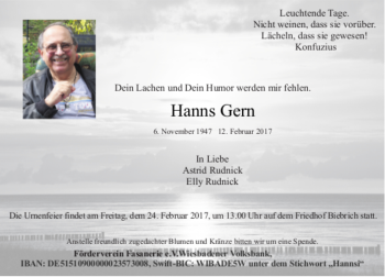 Traueranzeige von Hanns Gern von Trauerportal Rhein Main Presse