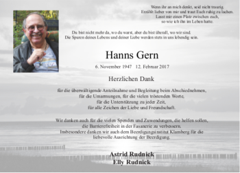Traueranzeige von Hanns Gern von Trauerportal Rhein Main Presse