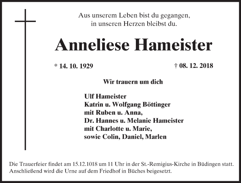  Traueranzeige für Anneliese Hameister vom 13.12.2018 aus 561 Kreisanzeiger
