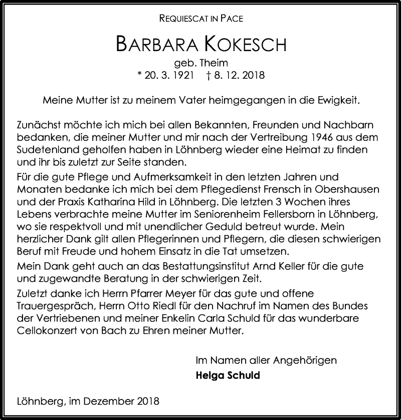  Traueranzeige für Barbara Kokesch vom 22.12.2018 aus 206 WT - Weilburger Tageblatt (140)