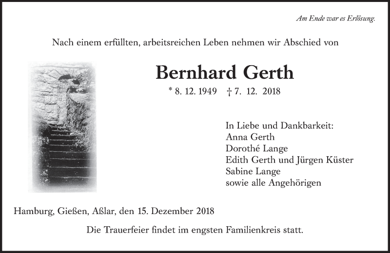  Traueranzeige für Bernhard Gerth vom 15.12.2018 aus 560 Gießener Anzeiger