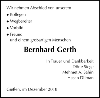 Traueranzeige von Bernhard Gerth von 560 Gießener Anzeiger