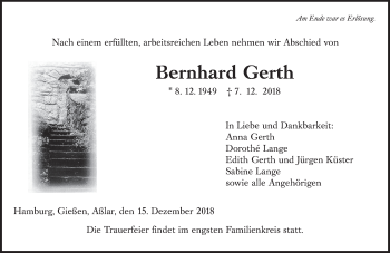 Traueranzeige von Bernhard Gerth von 560 Gießener Anzeiger