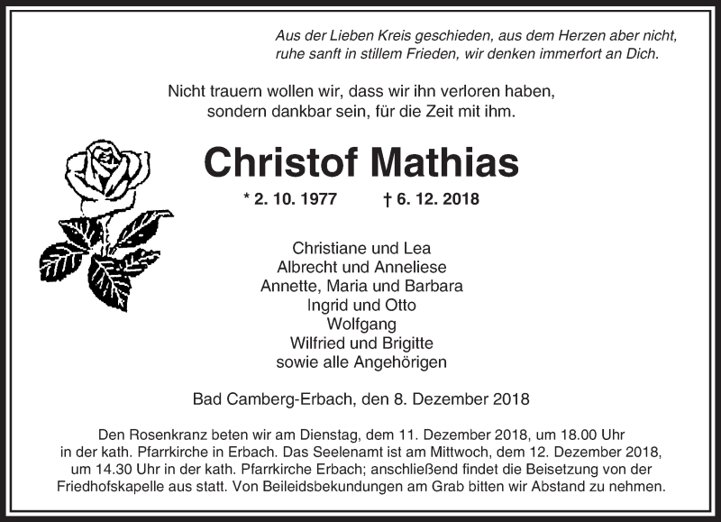  Traueranzeige für Christof Mathias vom 08.12.2018 aus 564 Usinger Anzeiger