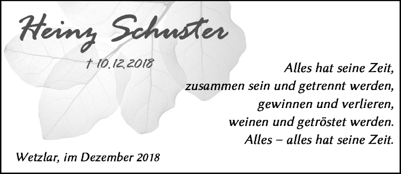  Traueranzeige für Heinz Schuster vom 15.12.2018 aus 201 WNZ - Wetzlarer Neue Zeitung (110)