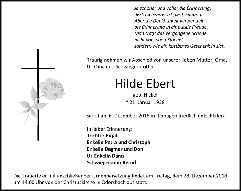  Traueranzeige für Hilde Ebert vom 15.12.2018 aus 206 WT - Weilburger Tageblatt (140)