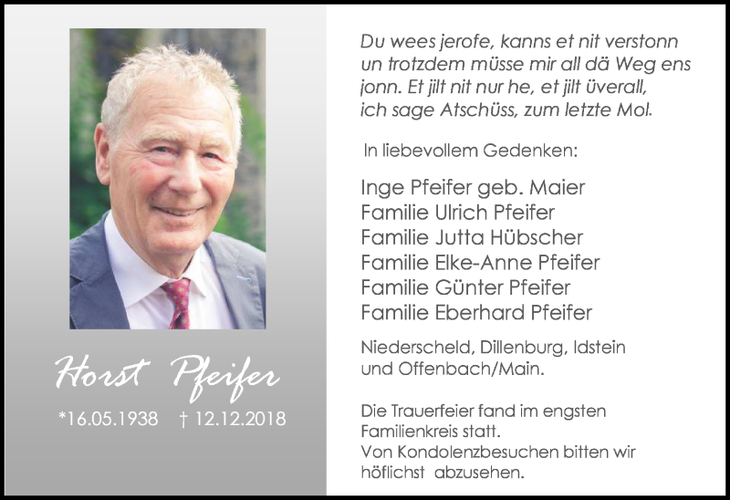  Traueranzeige für Horst Pfeifer vom 18.12.2018 aus 202 Dill Block (120)