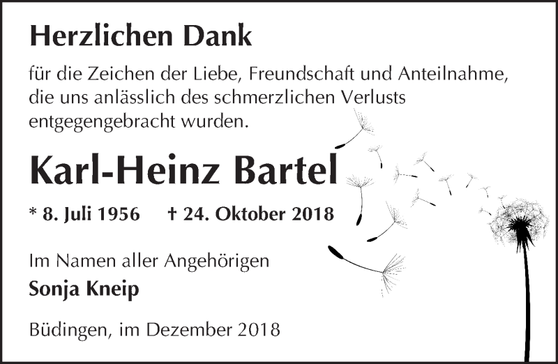  Traueranzeige für Karl-Heinz Bartel vom 15.12.2018 aus 561 Kreisanzeiger