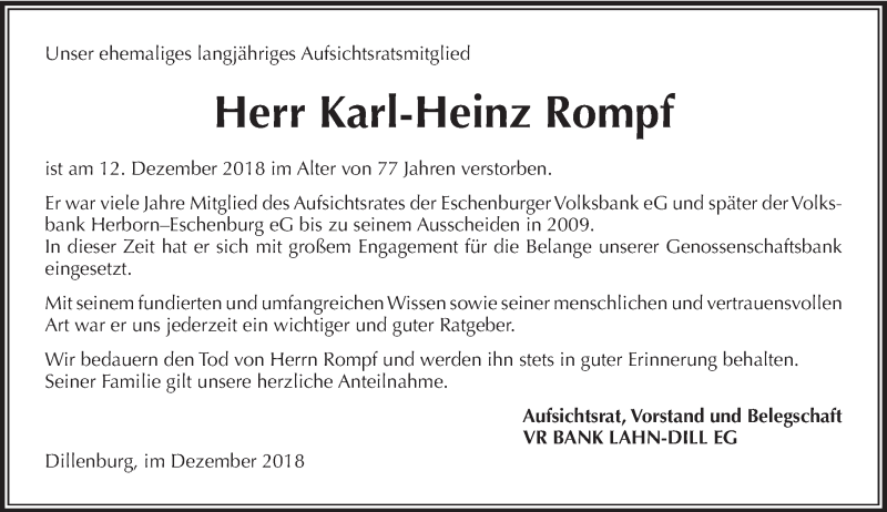  Traueranzeige für Karl-Heinz Rompf vom 18.12.2018 aus 202 Dill Block (120)