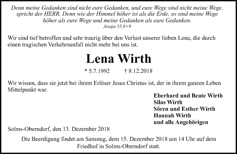  Traueranzeige für Lena Wirth vom 13.12.2018 aus 201 WNZ - Wetzlarer Neue Zeitung (110)
