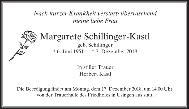  Traueranzeige für Margarete Schillinger-Kastl vom 12.12.2018 aus 564 Usinger Anzeiger