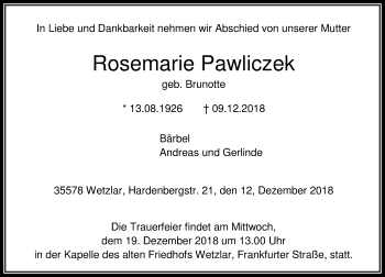 Traueranzeige von Rosemarie Pawliczek von 201 WNZ - Wetzlarer Neue Zeitung (110)