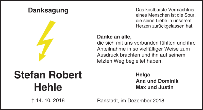 Traueranzeige für Stefan Robert Hehle vom 08.12.2018 aus 561 Kreisanzeiger
