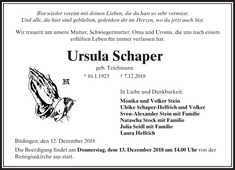  Traueranzeige für Ursula Schaper vom 12.12.2018 aus 561 Kreisanzeiger