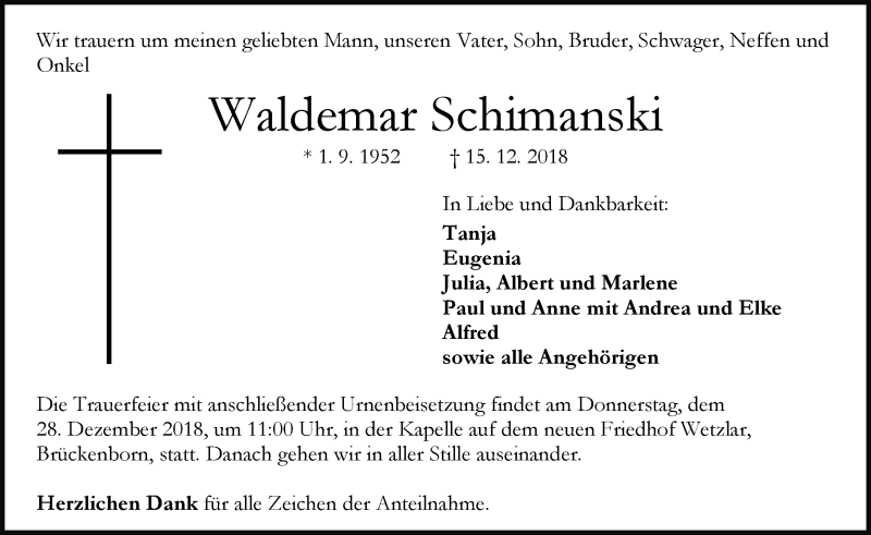  Traueranzeige für Waldemar Schimanski vom 22.12.2018 aus 201 WNZ - Wetzlarer Neue Zeitung (110)