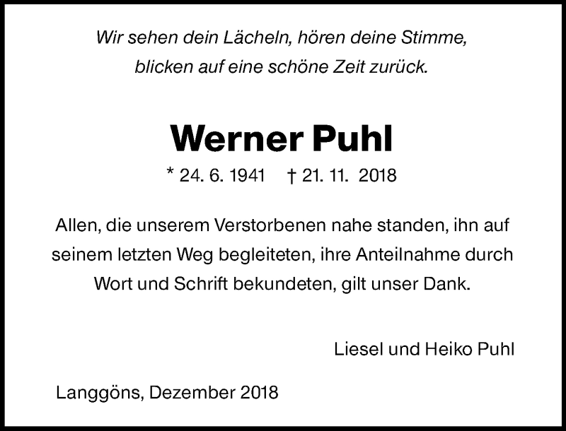  Traueranzeige für Werner Puhl vom 21.12.2018 aus 560 Gießener Anzeiger