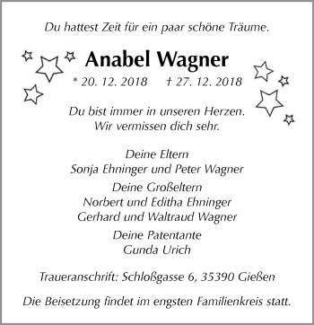 Traueranzeige von Anabel Wagner von 560 Gießener Anzeiger