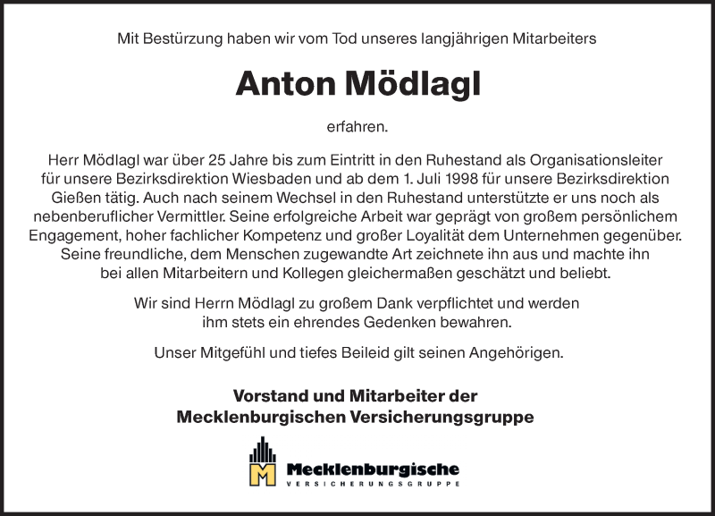  Traueranzeige für Anton Mödlagl vom 12.01.2019 aus 561 Kreisanzeiger