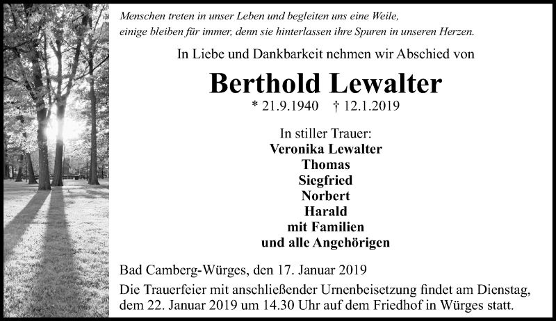  Traueranzeige für Berthold Lewalter vom 17.01.2019 aus 582 Camberger Anzeiger