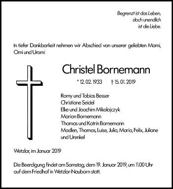 Traueranzeige von Christel Bornemann von 201 WNZ - Wetzlarer Neue Zeitung (110)