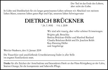 Traueranzeige von Dietrich Brückner von 201 WNZ - Wetzlarer Neue Zeitung (110)