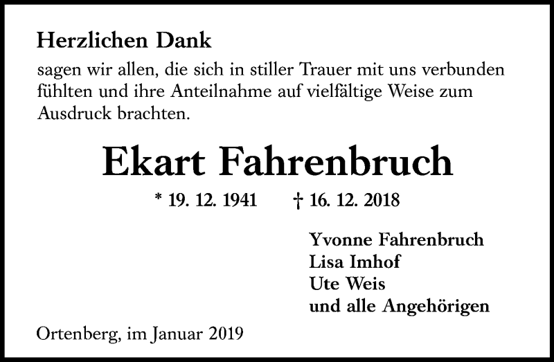  Traueranzeige für Ekart Fahrenbruch vom 05.01.2019 aus 561 Kreisanzeiger